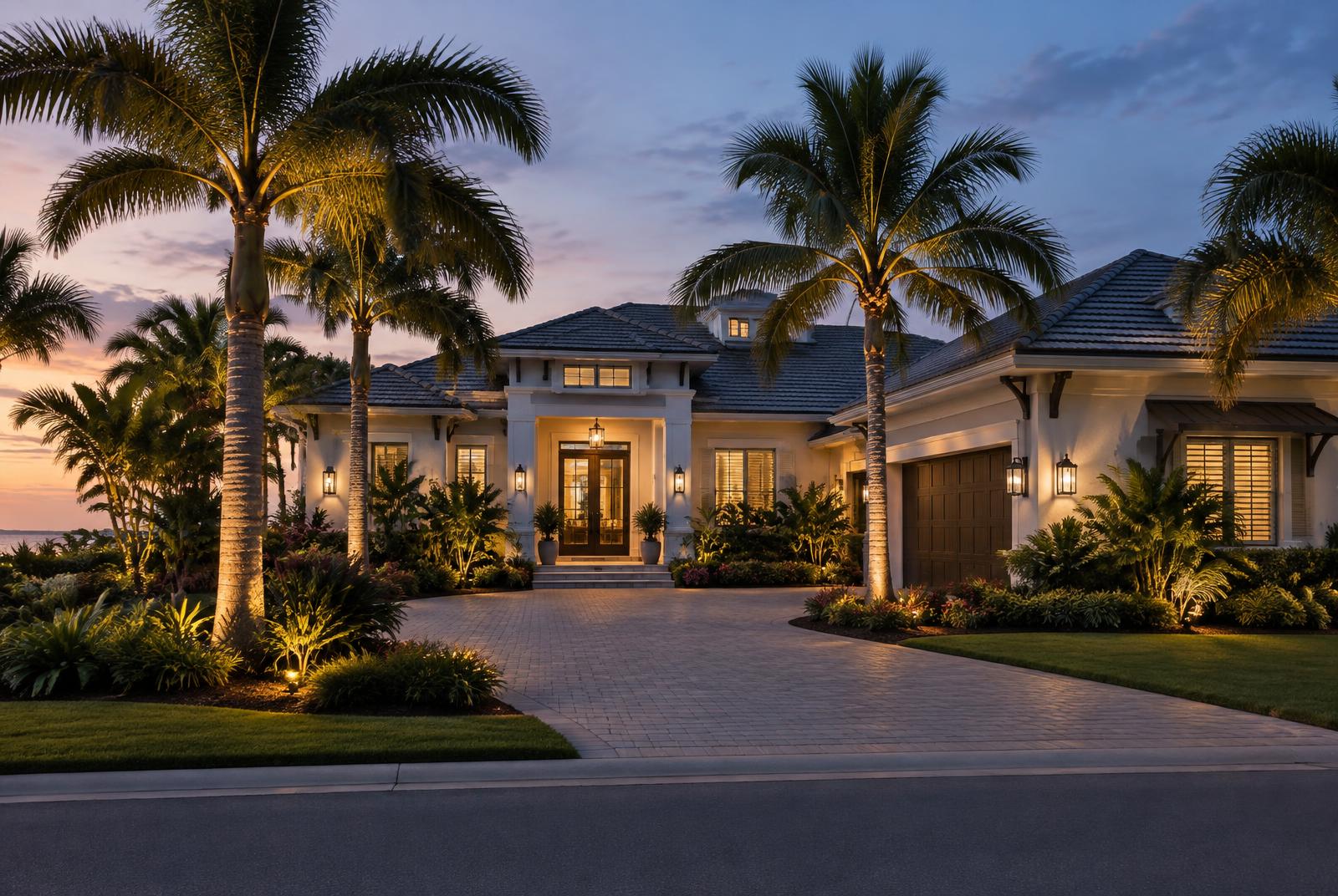 Southwest Florida home with understated architectural lighting and welcoming curb appeal