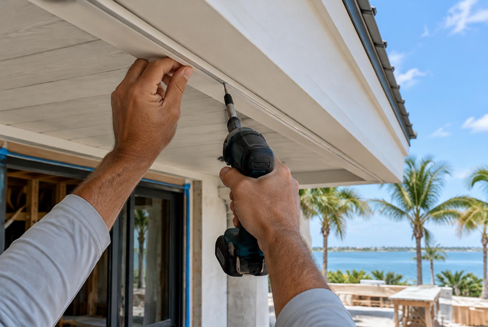 Permanent lighting track being installed beneath a new coastal home's fascia