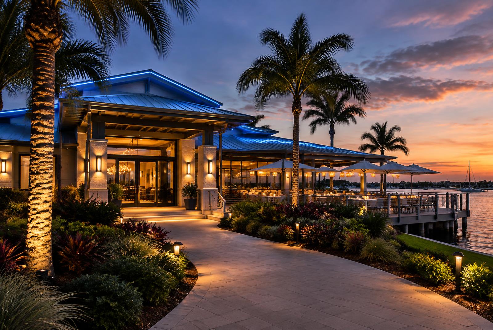 Waterfront hospitality property with tasteful blue brand-color roofline lighting