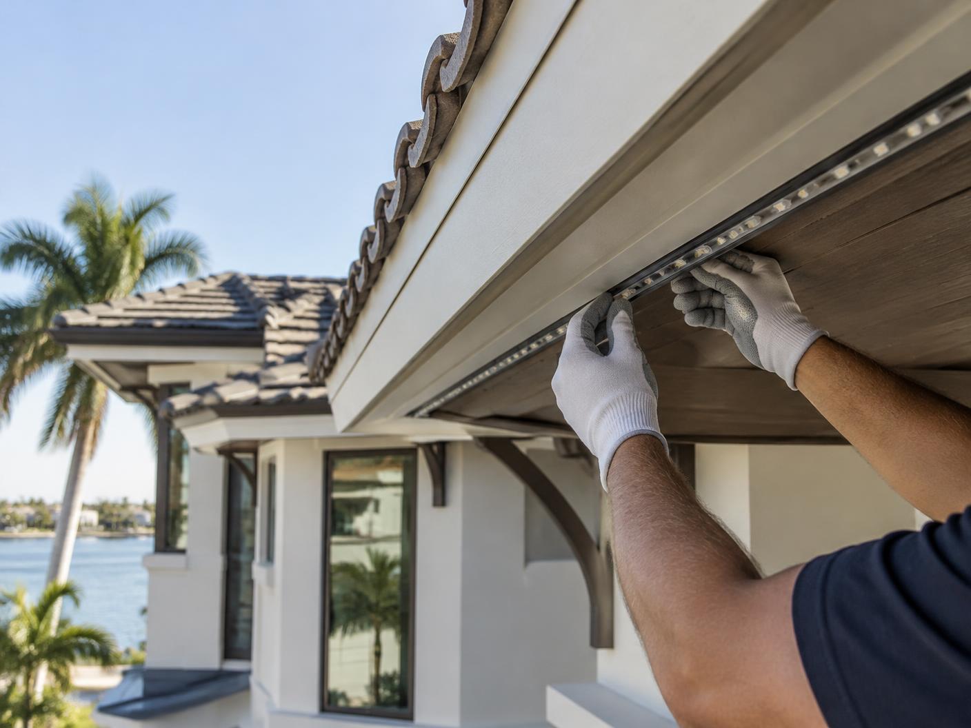 Discreet permanent lighting track installed under a roofline