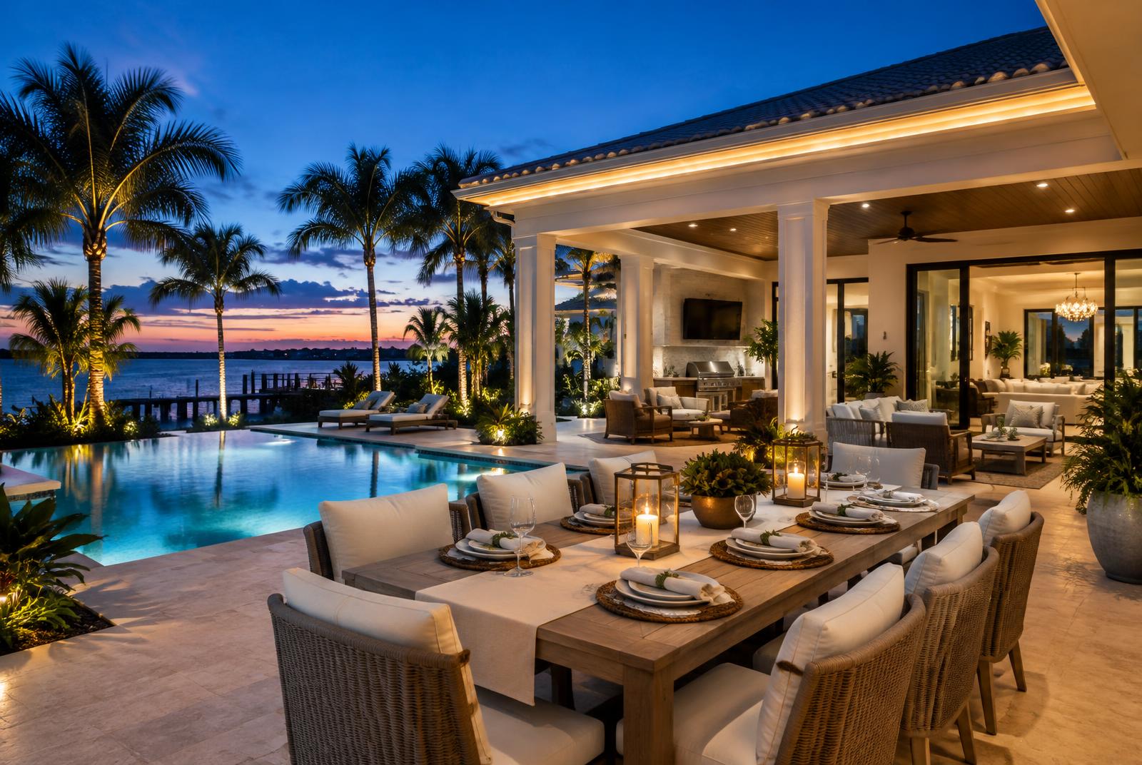 Coastal home and outdoor entertaining space illuminated at blue hour